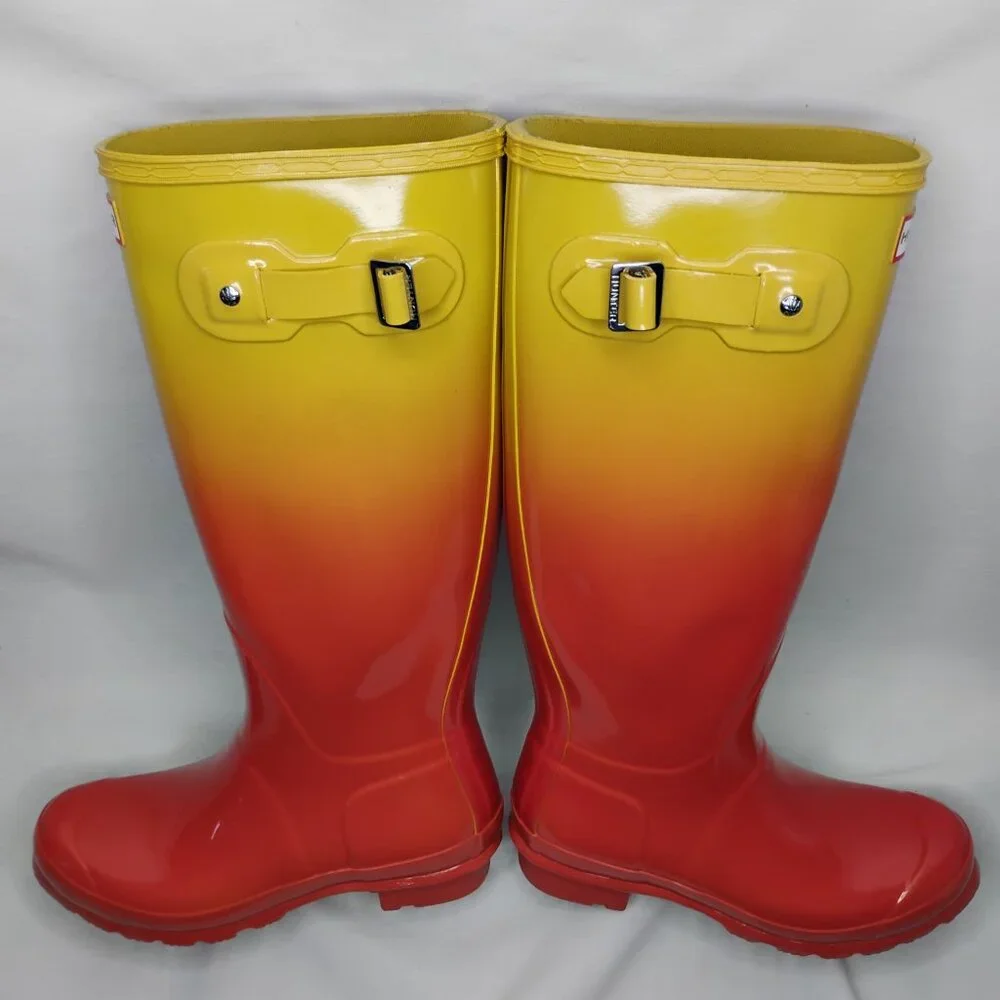 Hunter Boots Rain Tall Glossy Wellies Like New Rare Sunset Ombre Coral Yellow 7 - Picture 9 of 16